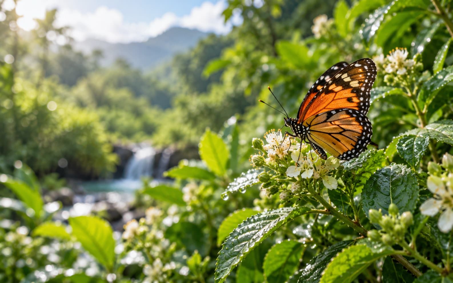 Orange butterfly resting on white flowers among sunlit leaves